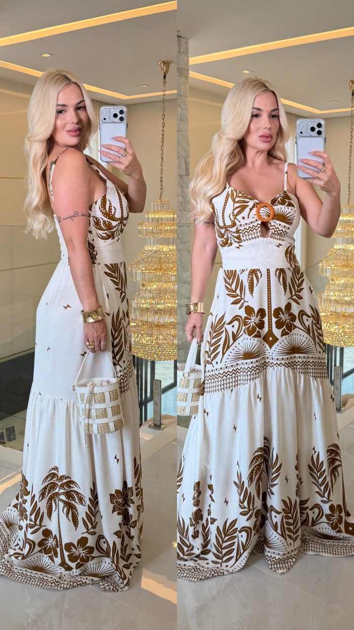 vestido longo estampado detalhe de madeira c/ bojo 3547 vestido longo estampado detalhe de madeira c/ bojo 3547