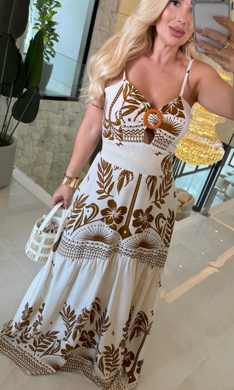 vestido longo estampado detalhe de madeira c/ bojo 3547