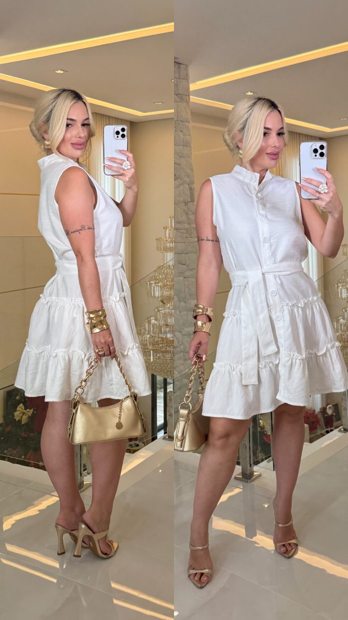 vestido celina babado botão curto