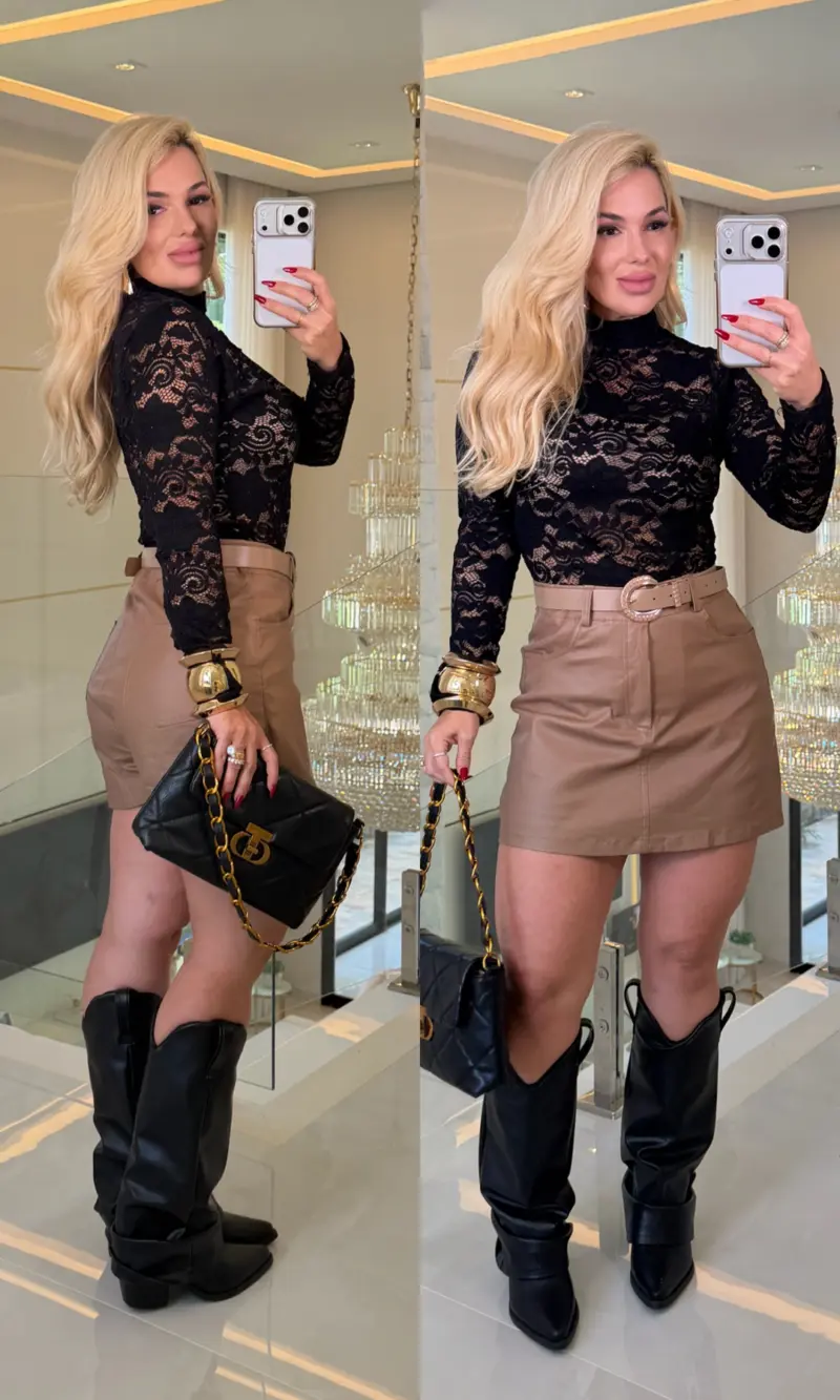 short saia courino c/ cinto fernanda 3689